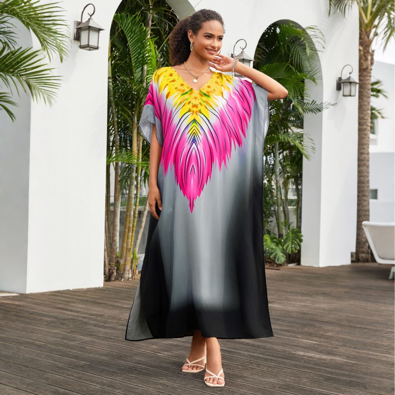 Ethnic Style Feather Print Resort Dress with Batwing Sleeves Colorful feather print gradient kaftan dress under white arches