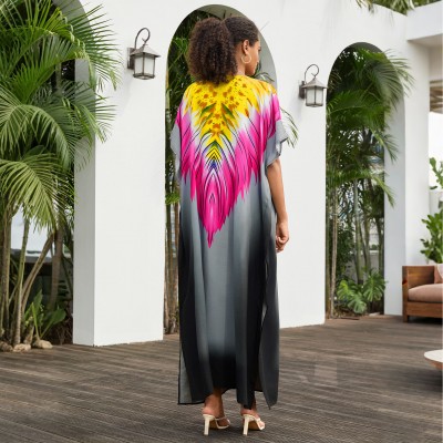 Ethnic Style Feather Print Resort Dress with Batwing Sleeves Colorful feather print gradient kaftan dress under white arches