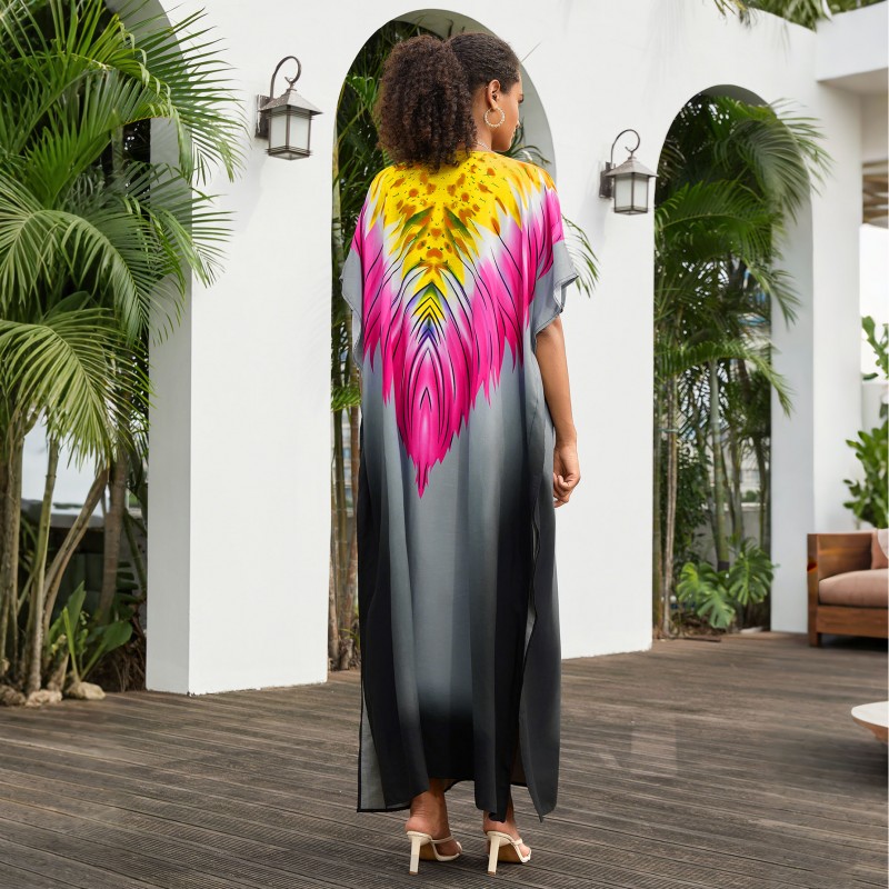 Ethnic Style Feather Print Resort Dress with Batwing Sleeves Colorful feather print gradient kaftan dress under white arches