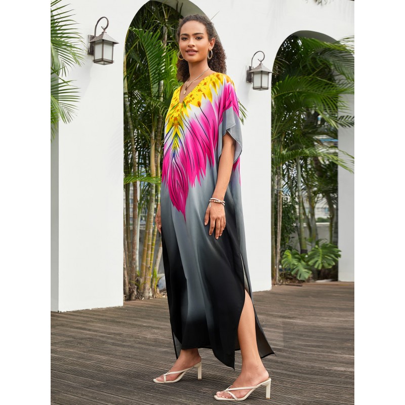 Ethnic Style Feather Print Resort Dress with Batwing Sleeves Colorful feather print gradient kaftan dress under white arches