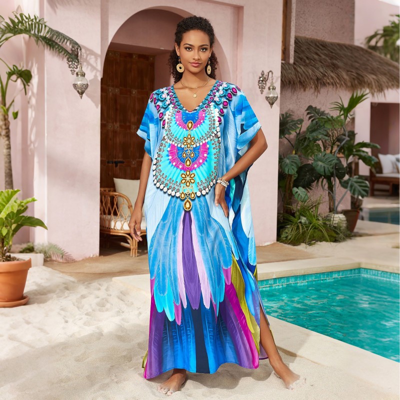 Abstract Art Kaftan Dress - Women's Loose Fit Beach Cover Up Woman in blue feather print V-neck batwing sleeve kaftan dress, bohemian vacation style