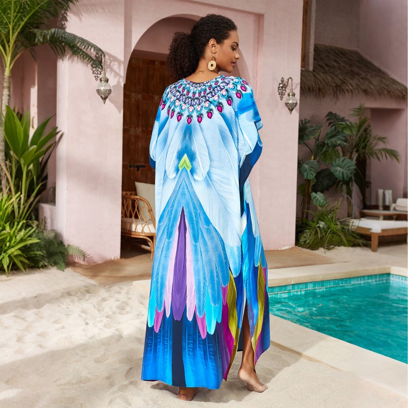 Abstract Art Kaftan Dress - Women's Loose Fit Beach Cover Up Woman in blue feather print V-neck batwing sleeve kaftan dress, bohemian vacation style