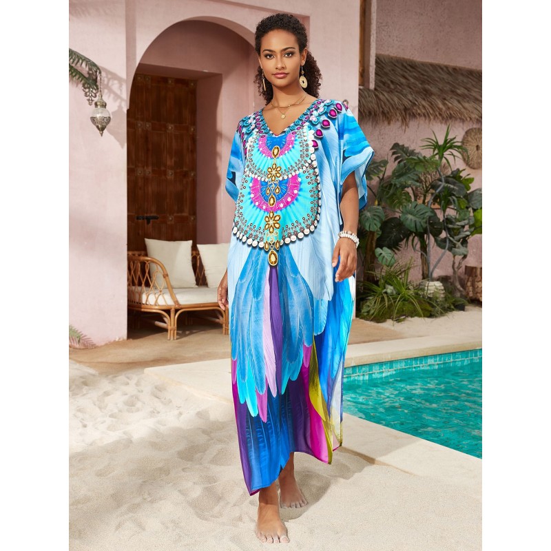Abstract Art Kaftan Dress - Women's Loose Fit Beach Cover Up Woman in blue feather print V-neck batwing sleeve kaftan dress, bohemian vacation style