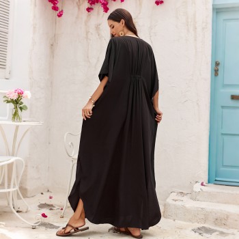 Boho Kaftan Flowy Dress Batwing Sleeves Cover Up Black Maxi Nightgown & House Dress S918-2