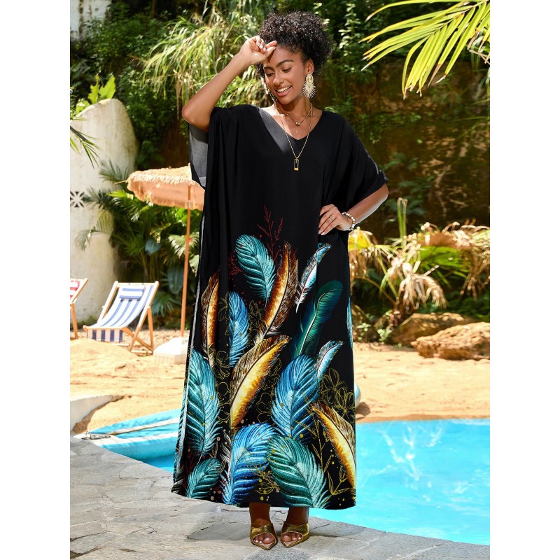 Vibrant Bohemian Floral Plus Size Kaftan Dress for Women Plus size women's kaftan dress with vibrant bohemian floral print and loose fit