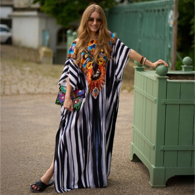 Ethnic Stripe Cover Up Dress - City Wander & Creative Block Style Mid Sleeves Black White Stripe Kaftan Dress with Ethnic Print, Urban Bohemian Style