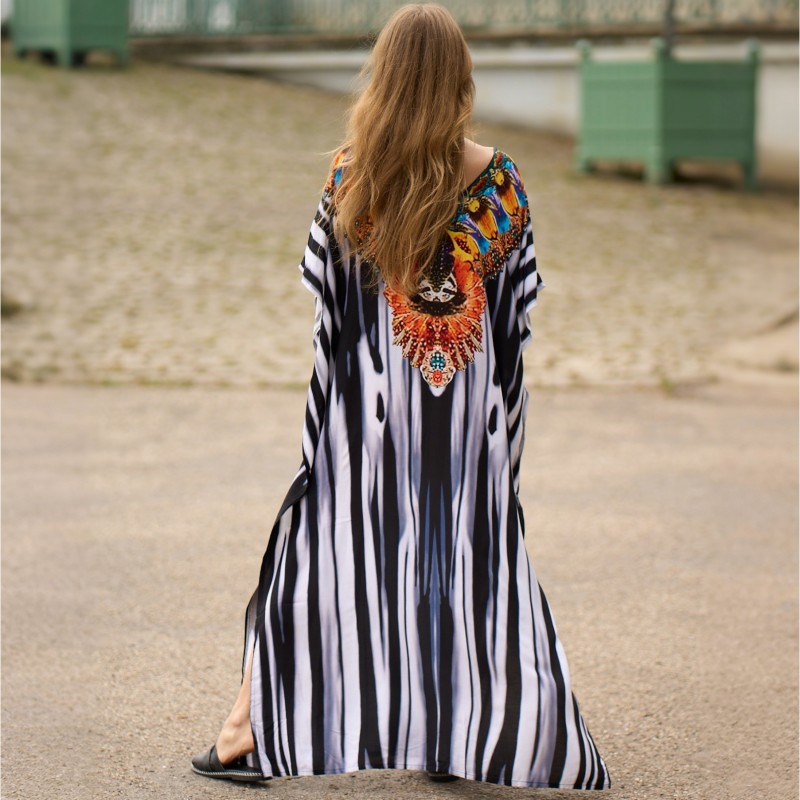 Ethnic Stripe Cover Up Dress - City Wander & Creative Block Style Mid Sleeves Black White Stripe Kaftan Dress with Ethnic Print, Urban Bohemian Style