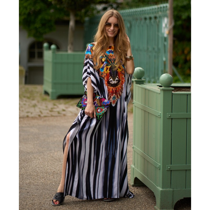 Ethnic Stripe Cover Up Dress - City Wander & Creative Block Style Mid Sleeves Black White Stripe Kaftan Dress with Ethnic Print, Urban Bohemian Style