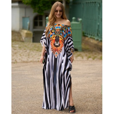 Ethnic Stripe Cover Up Dress - City Wander & Creative Block Style Mid Sleeves Black White Stripe Kaftan Dress with Ethnic Print, Urban Bohemian Style