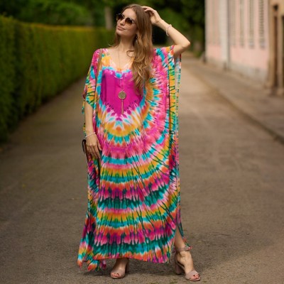 Ethnic Print Caftan Dress – Women's Beach Cover Up & Loungewear Woman in colorful ethnic print caftan dress with batwing sleeves and V-neck – beachwear & loungewear