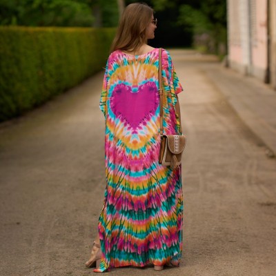 Ethnic Print Caftan Dress – Women's Beach Cover Up & Loungewear Woman in colorful ethnic print caftan dress with batwing sleeves and V-neck – beachwear & loungewear