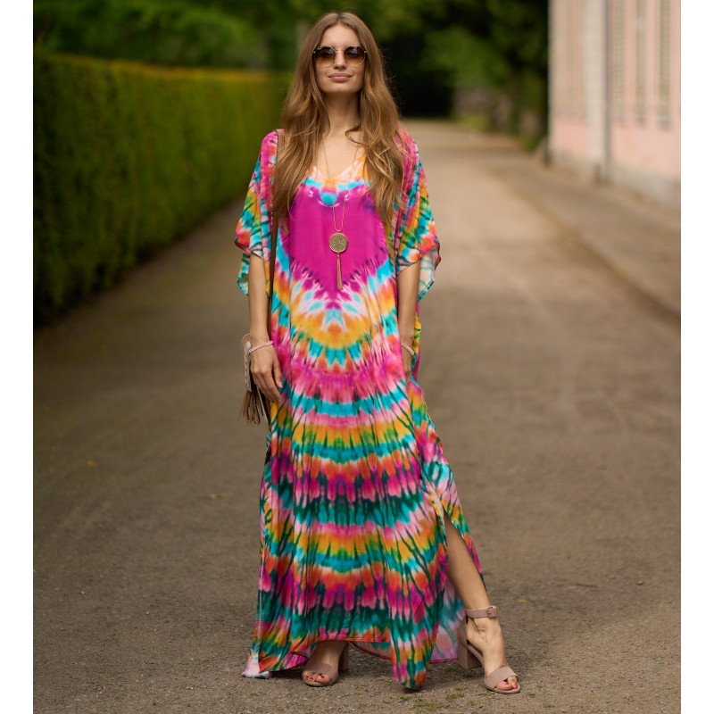 Ethnic Print Caftan Dress – Women's Beach Cover Up & Loungewear Woman in colorful ethnic print caftan dress with batwing sleeves and V-neck – beachwear & loungewear