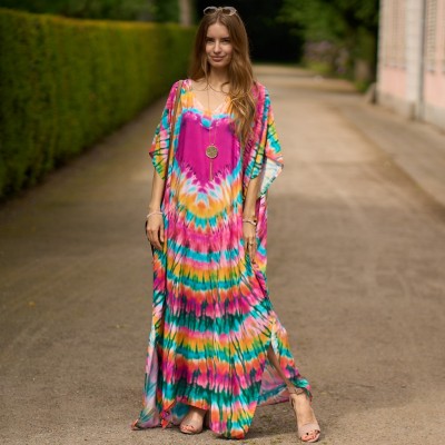 Ethnic Print Caftan Dress – Women's Beach Cover Up & Loungewear Woman in colorful ethnic print caftan dress with batwing sleeves and V-neck – beachwear & loungewear