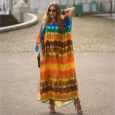 Colorful Gradient Stripe Caftan Dress - Women's Batwing Sleeve Summer Wear women's colorful gradient stripe caftan dress batwing sleeves loose maxi fit