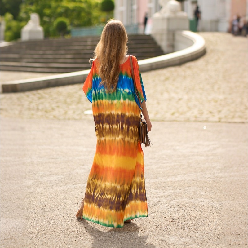 Colorful Gradient Stripe Caftan Dress - Women's Batwing Sleeve Summer Wear women's colorful gradient stripe caftan dress batwing sleeves loose maxi fit