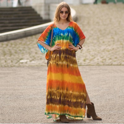 Colorful Gradient Stripe Caftan Dress - Women's Batwing Sleeve Summer Wear women's colorful gradient stripe caftan dress batwing sleeves loose maxi fit