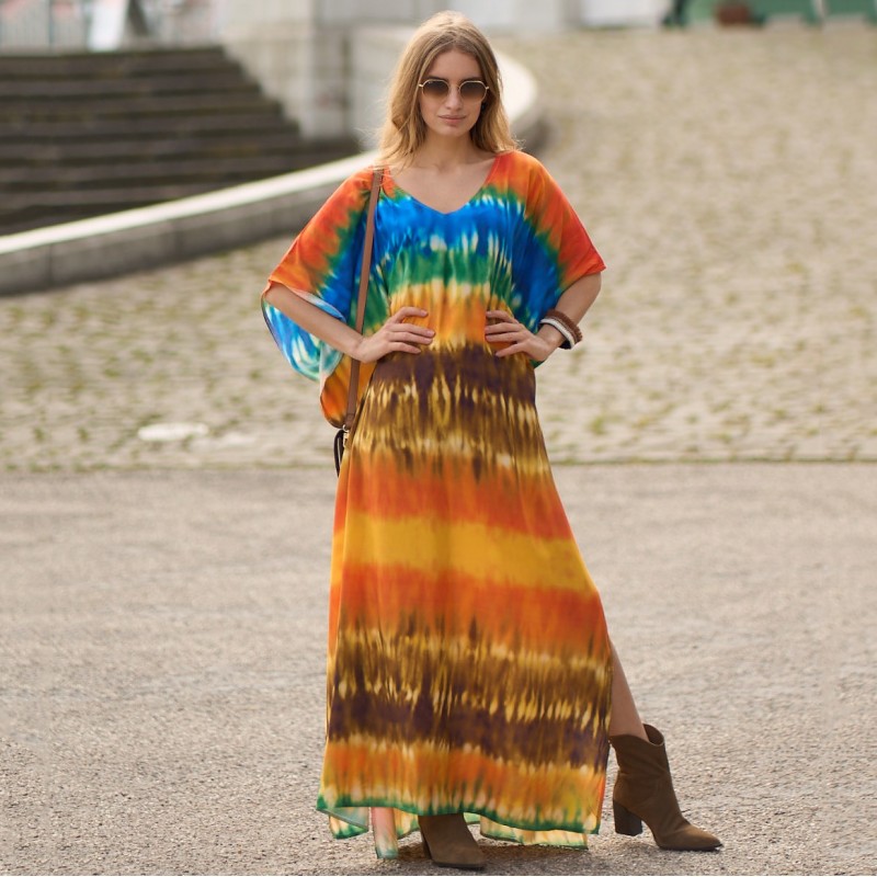 Colorful Gradient Stripe Caftan Dress - Women's Batwing Sleeve Summer Wear women's colorful gradient stripe caftan dress batwing sleeves loose maxi fit