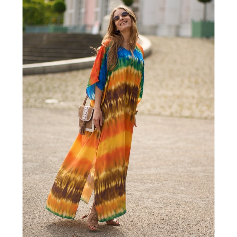 Colorful Gradient Stripe Caftan Dress - Women's Batwing Sleeve Summer Wear women's colorful gradient stripe caftan dress batwing sleeves loose maxi fit