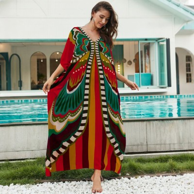 Butterfly Print Resort Dress - Passionate Vacation Cover Up Red Tropical Butterfly Print Kaftan Dress with V-Neck, Poolside Maxi Wear