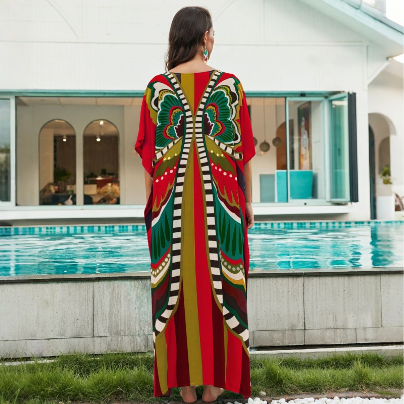 Butterfly Print Resort Dress - Passionate Vacation Cover Up Red Tropical Butterfly Print Kaftan Dress with V-Neck, Poolside Maxi Wear
