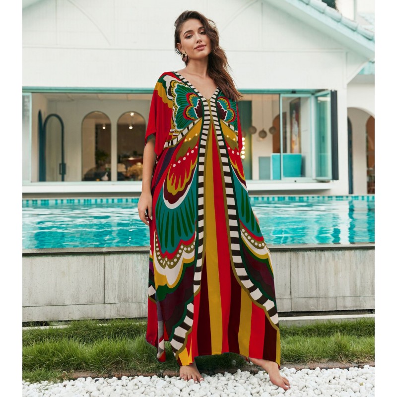 Butterfly Print Resort Dress - Passionate Vacation Cover Up Red Tropical Butterfly Print Kaftan Dress with V-Neck, Poolside Maxi Wear