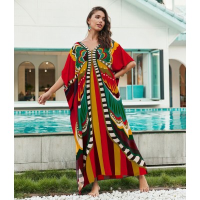 Butterfly Print Resort Dress - Passionate Vacation Cover Up Red Tropical Butterfly Print Kaftan Dress with V-Neck, Poolside Maxi Wear