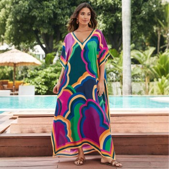 Bohemian Kaftan Dress for Women: Vibrant Cloud Print Beach Cover Up Loose Fit 1129-7 Bohemian Kaftan Dress for Women: Vibrant Cloud Print Beach Cover Up Loose Fit 1129-7