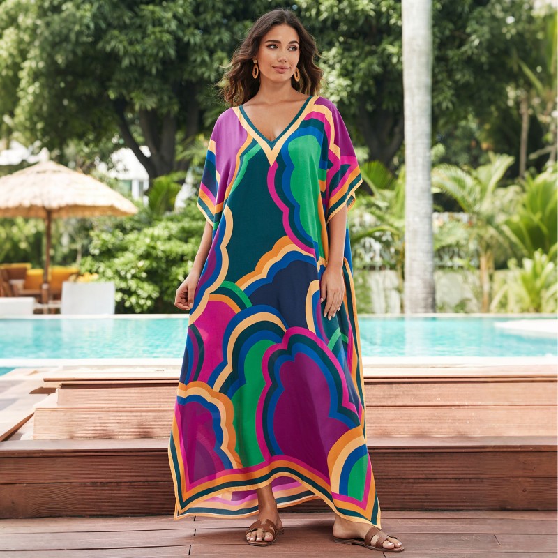 Colorful Cloud Pattern Kaftan Dress for Women - Beach Pool Cover Up women's bohemian kaftan dress with colorful cloud print V-neck beach cover up