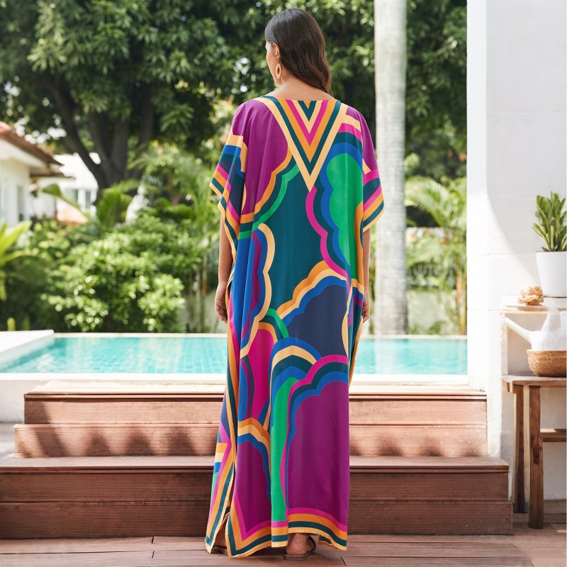 Colorful Cloud Pattern Kaftan Dress for Women - Beach Pool Cover Up women's bohemian kaftan dress with colorful cloud print V-neck beach cover up