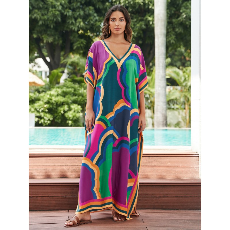 Colorful Cloud Pattern Kaftan Dress for Women - Beach Pool Cover Up women's bohemian kaftan dress with colorful cloud print V-neck beach cover up