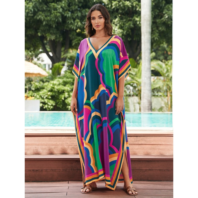 Colorful Cloud Pattern Kaftan Dress for Women - Beach Pool Cover Up women's bohemian kaftan dress with colorful cloud print V-neck beach cover up