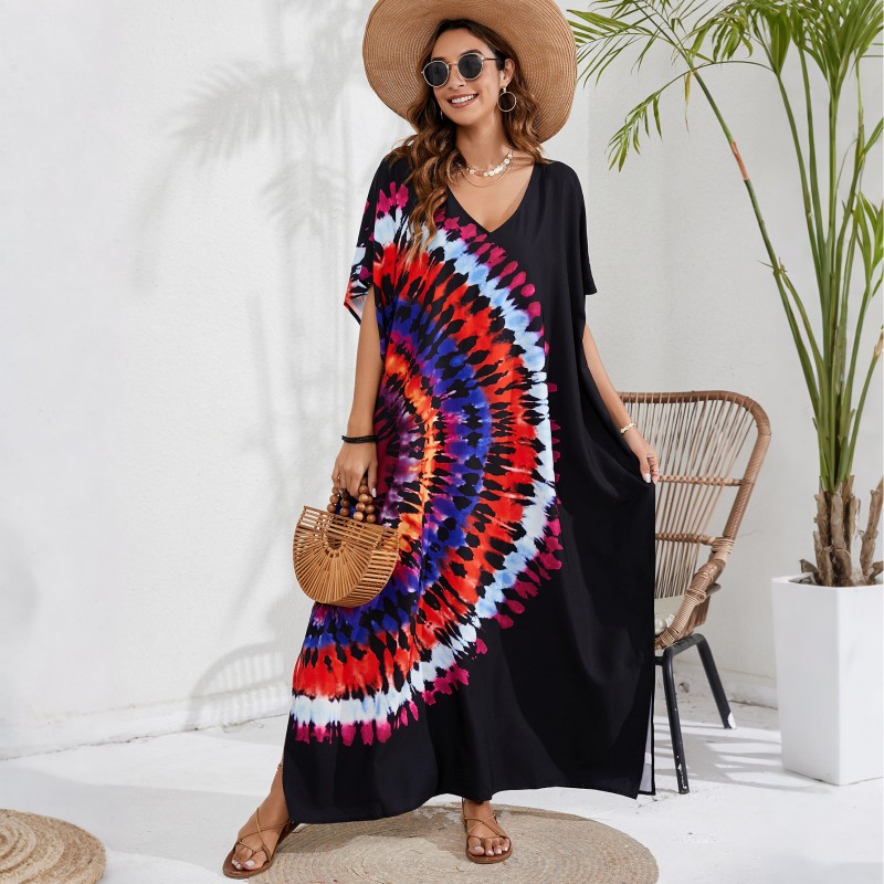 Vibrant Kaftan Dress - Resort Wear & Swim Cover Up Plus size woman in bohemian kaftan dress beach cover up