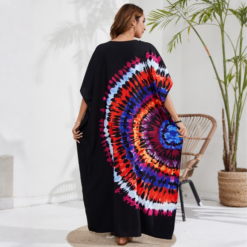 Vibrant Kaftan Dress - Resort Wear & Swim Cover Up Plus size woman in bohemian kaftan dress beach cover up