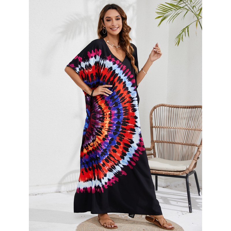 Vibrant Kaftan Dress - Resort Wear & Swim Cover Up Plus size woman in bohemian kaftan dress beach cover up