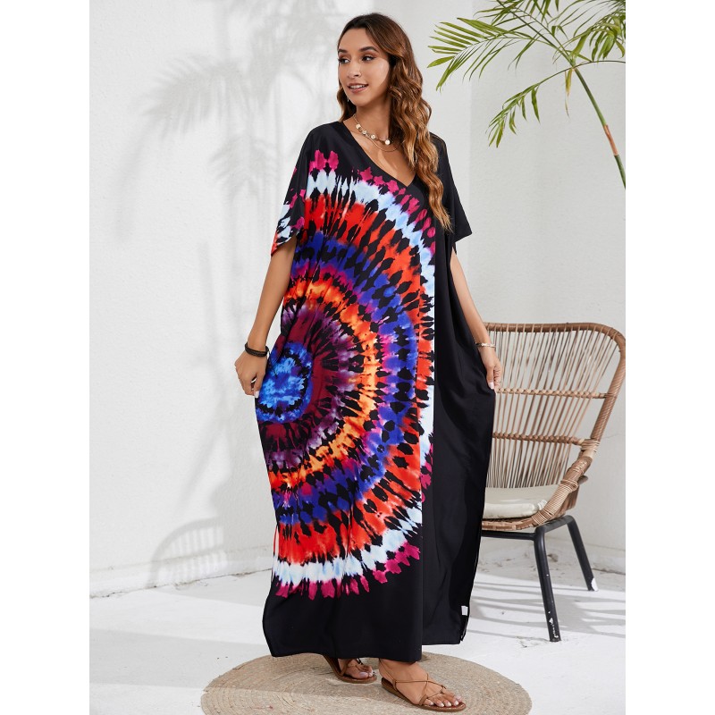 Vibrant Kaftan Dress - Resort Wear & Swim Cover Up Plus size woman in bohemian kaftan dress beach cover up