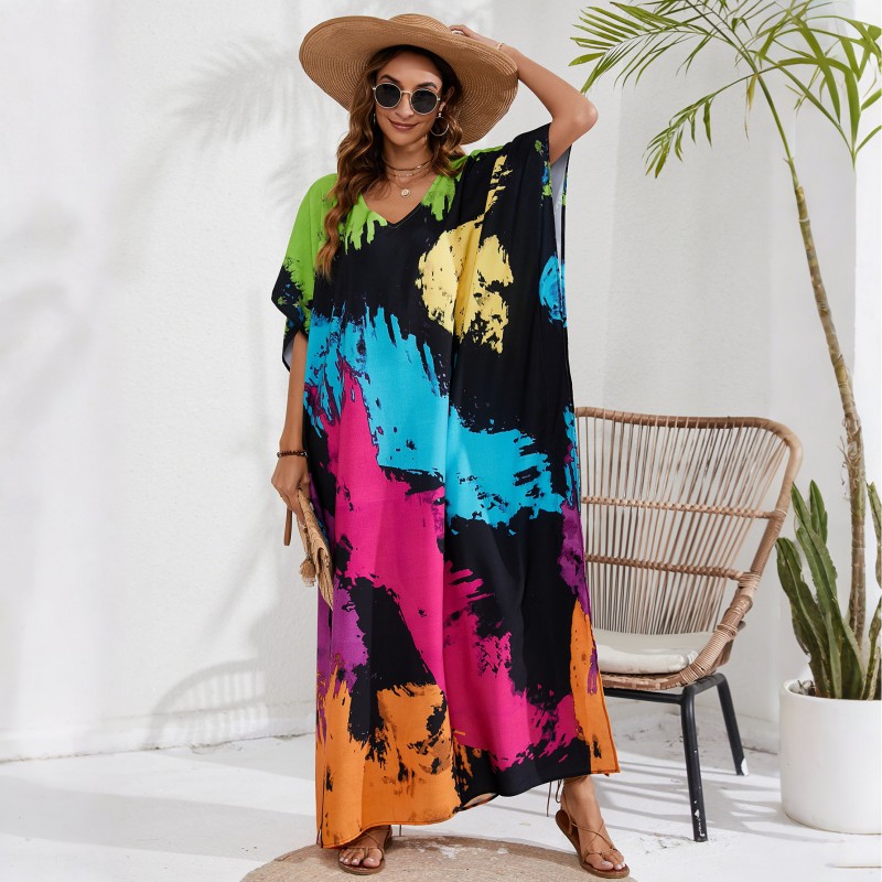 Vibrant Splatter Caftan Dress - Resort Wear & Swim Cover Up Plus size woman in black bohemian splatter print caftan dress beach cover up