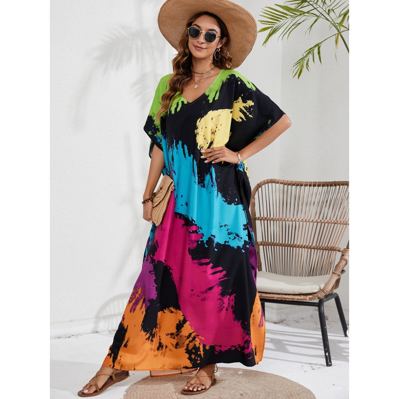 Vibrant Splatter Caftan Dress - Resort Wear & Swim Cover Up Plus size woman in black bohemian splatter print caftan dress beach cover up