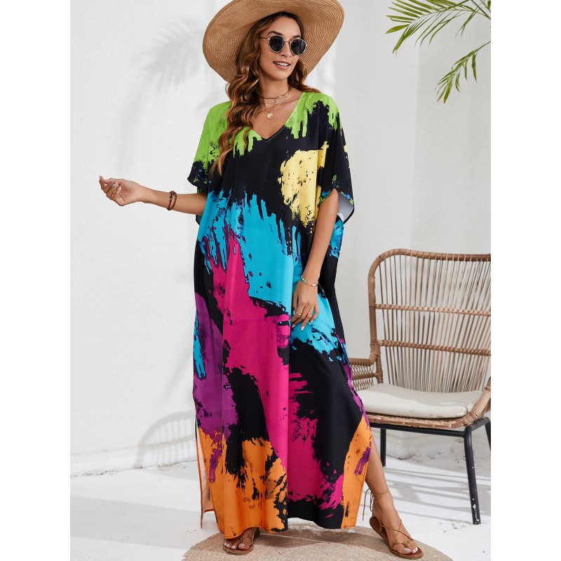 Vibrant Splatter Caftan Dress - Resort Wear & Swim Cover Up Plus size woman in black bohemian splatter print caftan dress beach cover up