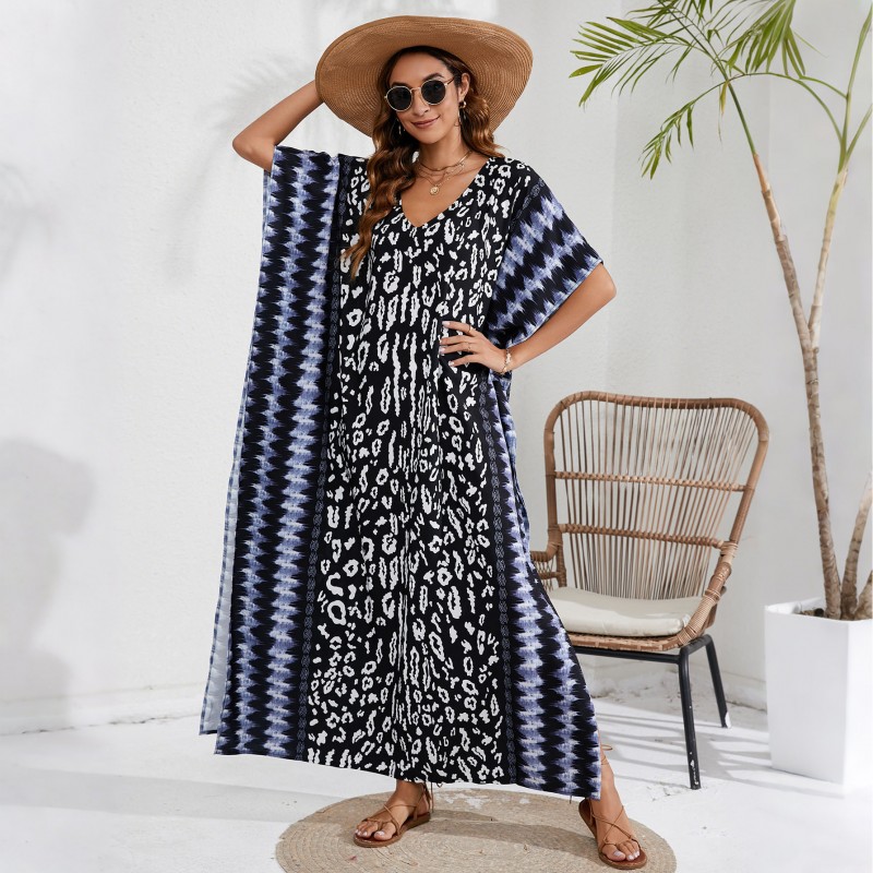 Bohemian Leopar Kaftan Dress - Gradient Stripe Swim Cover Up & Resort Wear Plus size woman in black leopard print kaftan dress with blue gradient stripes beach cover up