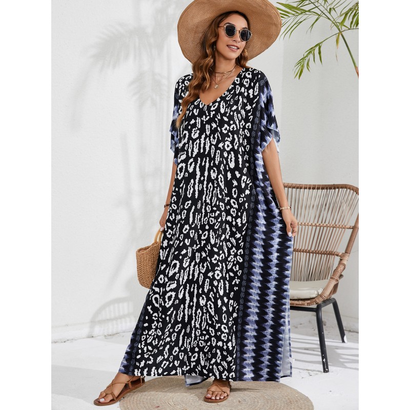 Bohemian Leopar Kaftan Dress - Gradient Stripe Swim Cover Up & Resort Wear Plus size woman in black leopard print kaftan dress with blue gradient stripes beach cover up