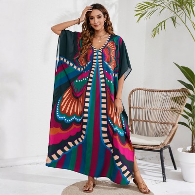 Floral V-Neck Kaftan - Beach Cover Up for Women Bohemian plus size caftan dress with batwing sleeves and butterfly print