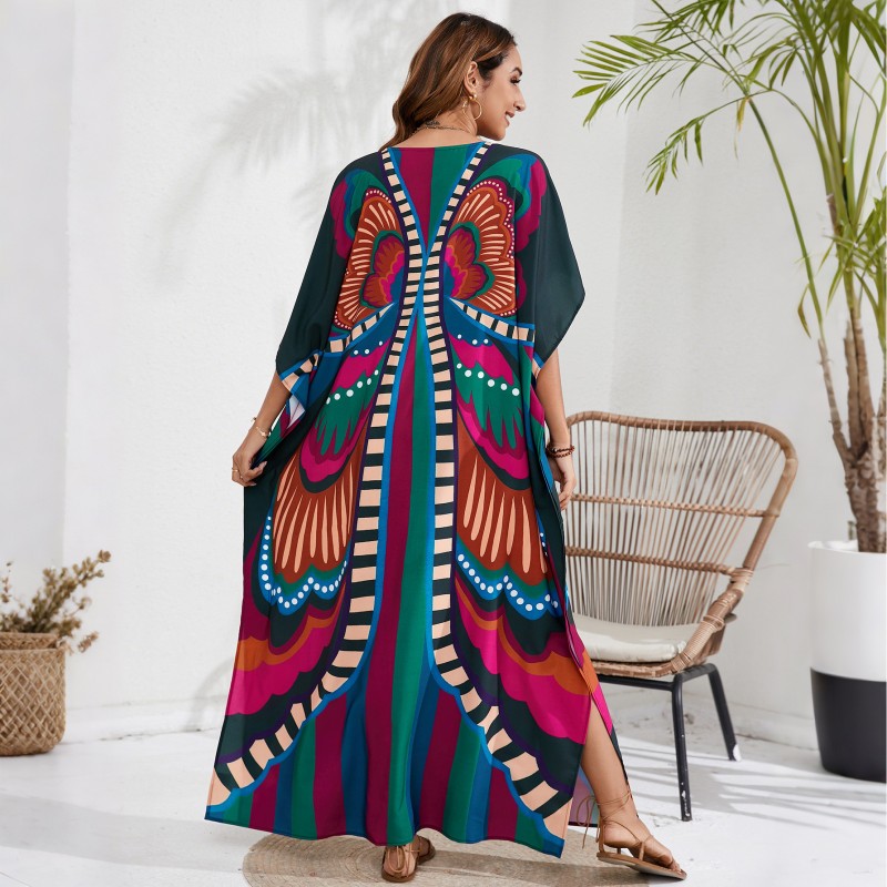 Floral V-Neck Kaftan - Beach Cover Up for Women Bohemian plus size caftan dress with batwing sleeves and butterfly print