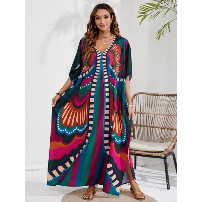 Floral V-Neck Kaftan - Beach Cover Up for Women Bohemian plus size caftan dress with batwing sleeves and butterfly print