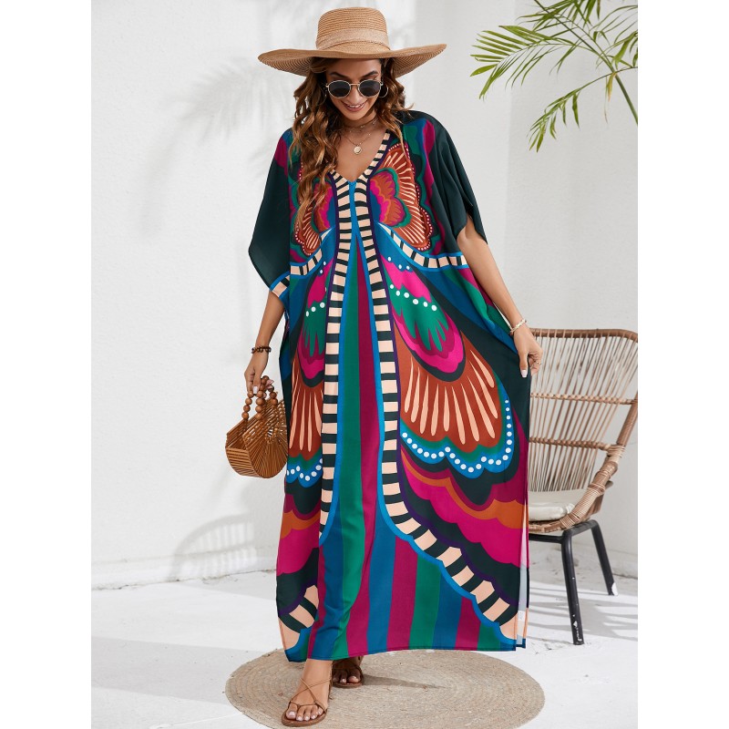 Floral V-Neck Kaftan - Beach Cover Up for Women Bohemian plus size caftan dress with batwing sleeves and butterfly print