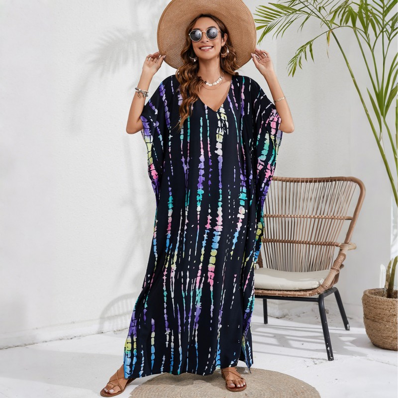 Artistic Kaftan - Festival Cover Up for Women Black bohemian caftan dress with batwing sleeves