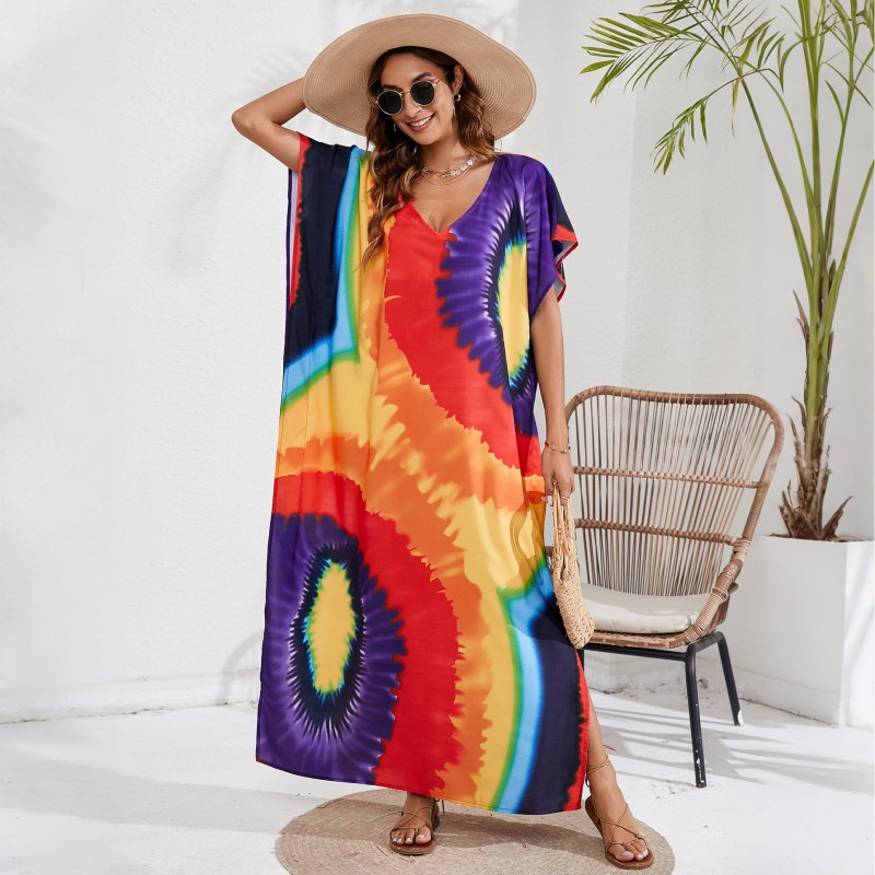 Floral Print Kaftan Dress - Women's Loose Fit Beach Cover Up Woman in stellar floral print V-neck batwing sleeve maxi kaftan, bohemian vacation style