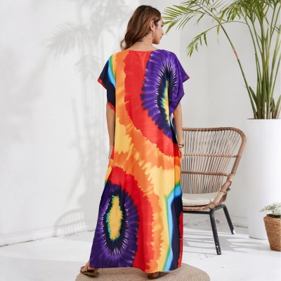 Floral Print Kaftan Dress - Women's Loose Fit Beach Cover Up Woman in stellar floral print V-neck batwing sleeve maxi kaftan, bohemian vacation style