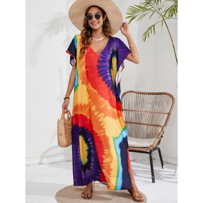 Floral Print Kaftan Dress - Women's Loose Fit Beach Cover Up Woman in stellar floral print V-neck batwing sleeve maxi kaftan, bohemian vacation style