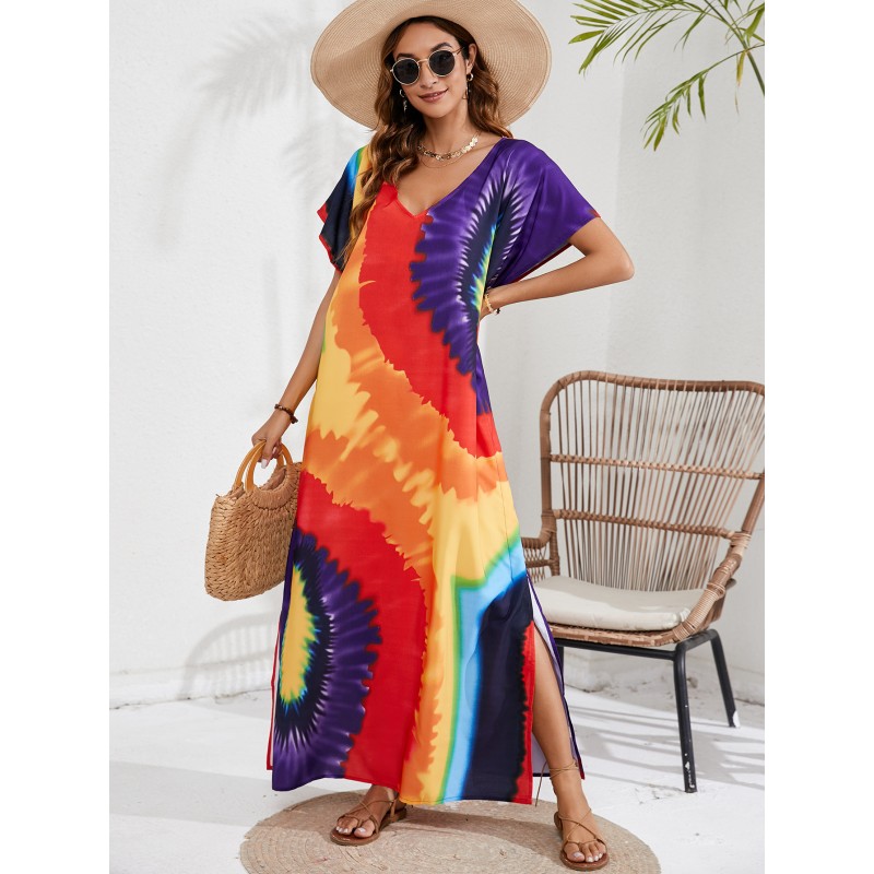 Floral Print Kaftan Dress - Women's Loose Fit Beach Cover Up Woman in stellar floral print V-neck batwing sleeve maxi kaftan, bohemian vacation style
