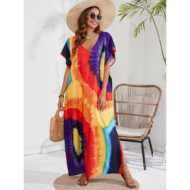 Floral Print Kaftan Dress - Women's Loose Fit Beach Cover Up Woman in stellar floral print V-neck batwing sleeve maxi kaftan, bohemian vacation style